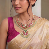 Jadau Kundan Festive Peacock Floral Necklace with Pearl & Natural Strawberry Beads