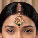 Jadau Kundan Bridal Peacock Tika with Pearls and Natural Strawberry Beads