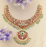 Jadau Kundan Festive Peacock Floral Necklace with Pearl & Natural Strawberry Beads