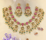 Jadau Kundan+ Temple/ Antique Peacock Mango Necklace with Ricepearl & Natural Strawberry Beads