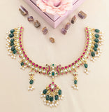 Jadau Kundan 3 Line Peacock Necklace with RicePearl & Strawberry Beads