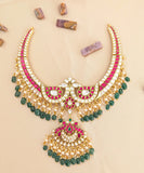 Jadau Moissonite Peacock 3 layer Necklace with Pearl & Natural Strawberry Beads