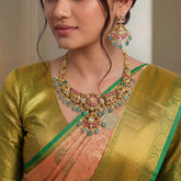 Jadau Kundan + Temple/Antique Elephant and Peacock Necklace with Pearls Natural Strawberry Beads