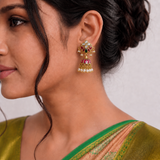 Jadau Kundan Chandbali Shape studs with Rice Pearls