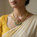 Jadau kundan antique peacock necklace with pearl and natural strawberry beads(No earrings)