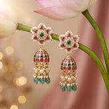 Jadau Kundan Floral Jhumkas with Rice Pearls Natural Strawberry Beads