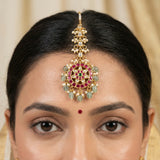 Jadau Kundan floral tika with pearls drops and natural strawberry beads