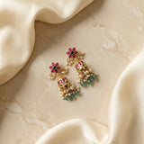 Jadau kundan floral jhumkas with pearl drop and natural strawberry beads