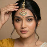 Jadau kundan Tika with pearl drop and natural strawberry beads