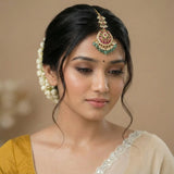 Jadau kundan tika with pearl drops and Natural strawberry beads
