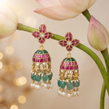 Jadau Kundan Leafs Jhumkas Rice Pearls with Natural Strawberry Beads