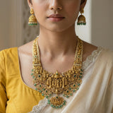 Temple/Antique long Ram darbar Bridal necklace with pearl and natural strawberry beads(With Earrings)