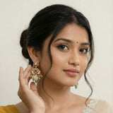 Jadau Kundan Chand bali with pearls and natural strawberry beads