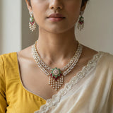 diamond finish floral multi colour tone 2 line necklace(With Earrings)