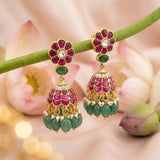 Jadau Kundan Floral Jhumkas with Pearl and Natural Strawberry Beads