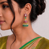 Jadau Kundan Floral Jhumkas with Pearl and Natural Strawberry Beads