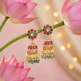 Jadau Kundan Floral Jhumkas with Pearl & Natural Strawberry Beads