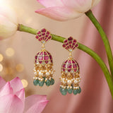 Jadau Kundan Shell Jhumkas with Pearl & Natural Strawberry Beads