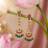 Jadau Kundan Floral Earrings Drop 3 Step with Pearl and Natural Strawberry Beads