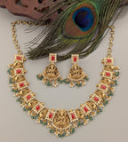 Temple/Antique Goddess Laxmi coral necklace with pearl and onyx beads drop(With Earrings)