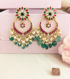 Jadau Kundan Floral Chand Bali With Pearl and Natural Strawberry Beads