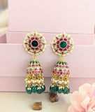 Jadau Kundan Floral Jhumkas with Rice Pearls and Natural Strawberry Beads