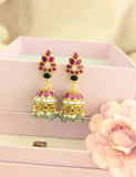 Jadau Kundan Floral Jhumkas with Pearls and Natural Strawberry Beads Drop