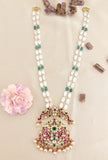 Jadau Kundan Peacock pendant Pearl/ Beads Mala Immitation Glass Beads with Pearl and Natural Strawberry Beads