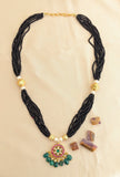 Jadau Kundan Pendant Black Beads Pearls/ Beads Mala with Natural Strawberry Beads
