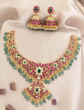 Jadau Kundan Floral Necklace with Pearl and Natural Strawberry Beads(With Jhumkas)