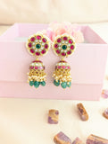Jadau Kundan Floral Jhumkas with Pearls and Natural Strawberry Beads