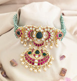 Jadau Kundan Peacock Craving Stone Choker With Pearl and Onyx Beads