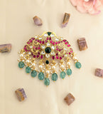 Jadau Kundan Peacock Floral Pendant With Pearl and Natural Strawberry Beads