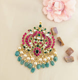 Jadau Kundan Elegant Peacock pendant with Pearl and Natural Strawberry Beads