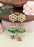 Jadau Kundan Floral Jhumkas with Rice Pearls Natural Strawberry Beads