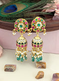 Jadau Kundan Floral Jhumkas with Pearls Natural Strawberry Beads