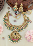 Jadau Kundan + Temple/Antique Peacock Necklace With Pearl & Onyx Beads(With Earrings)
