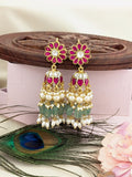 Jadau Kundan Floral Jhumkas Pearls and Natural Strawberry Beads