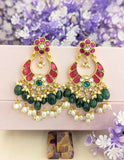 Jadau Kundan Floral Chand Bali with RicePearl & Natural Strawberry Beads