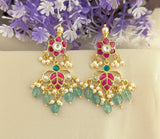 Jadau Kundan Floral Leaf Earrings Drop With Pearl & Natural Strawberry Beads