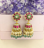 Jadau Kundan Floral Jhumkas with Pearl & Natural Strawberry Beads
