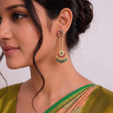 Jadau Kundan Floral Earrings Drop 3 Step with Pearl and Natural Strawberry Beads