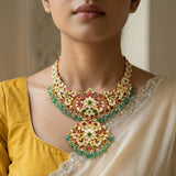 Jadau kundan peacock Necklace with pearl drop and natural strawberry beads(No earrings)