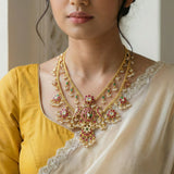 Jadau kundan peacock 2 layer necklace with pearl drop (No earrings)