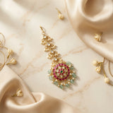 Jadau Kundan floral tika with pearls drops and natural strawberry beads