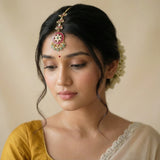 Jadau kundan floral tika with pearl drop and natural strawberry beads