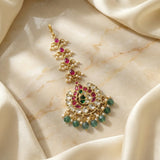 jadau kundan peacock tika with pearl drop and natural strawberry beads