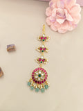 Jadau kundan floral tika with pearl drop and natural strawberry beads