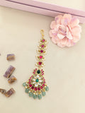 Jadau kundan tika with pearl drop and natural strawberry beads