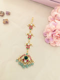 Jadau kundan tika with pearl drop and natural strawberry beads